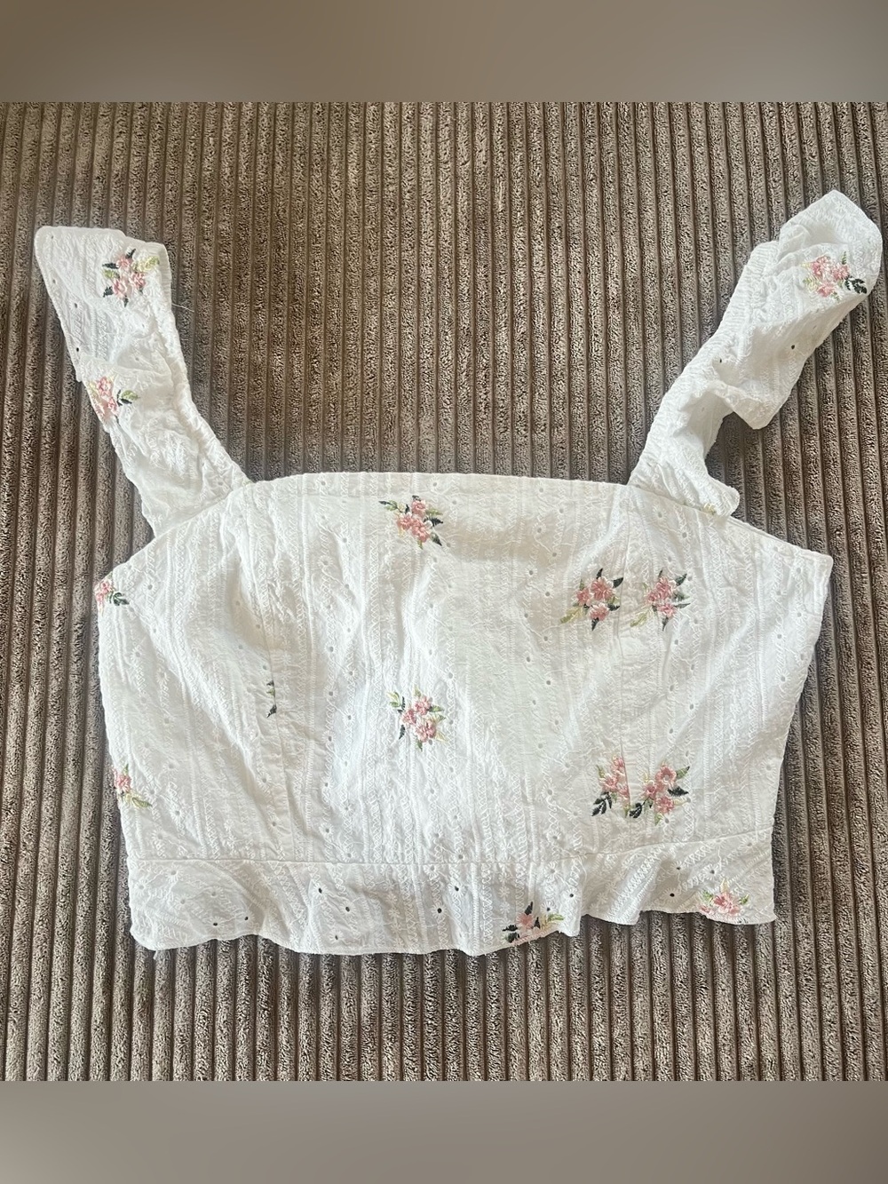 White Eyelet Floral Cropped Tank Top with Pink Embroidery